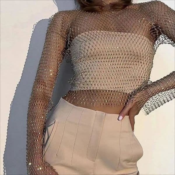 Women Sexy Mesh See Through T Shirt Shiny Rhinestone Fishnet Hollow Out Crop Top Long Sleeve Beach Cover Up Party Club Tank Tops 250703BJ