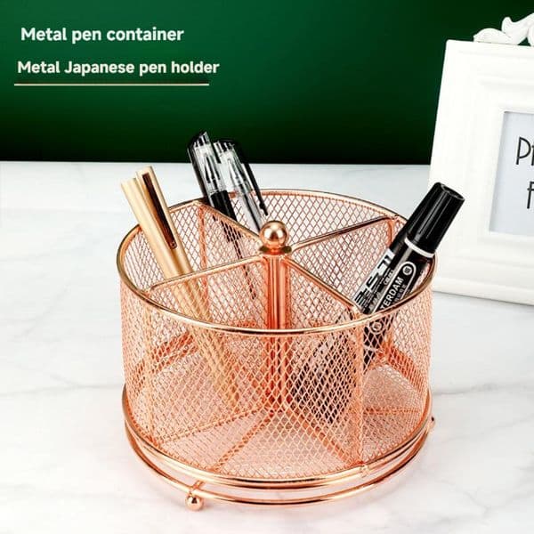 Elegant Rose Gold Rotary Desk Organizer: Mesh, 5 Compartments, Holds Pens/Small Items, Ideal for Stylish Workspace