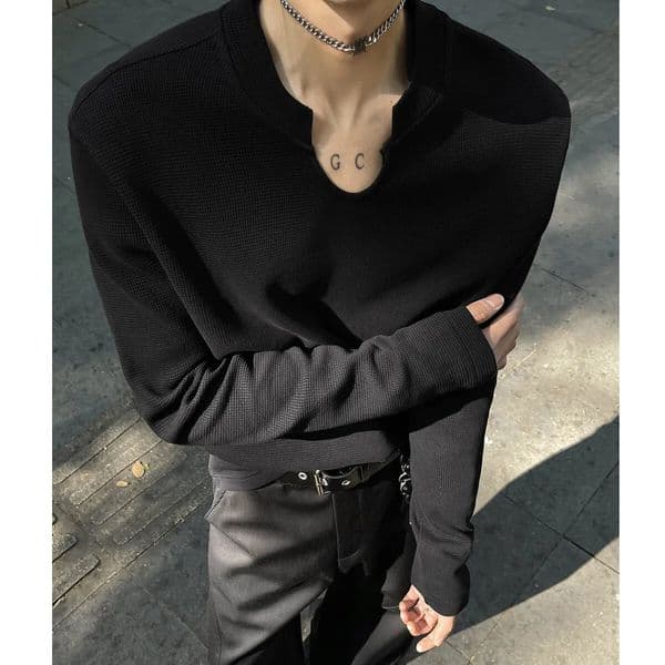 Mens Slim Fit Long Sleeve V-Neck T-Shirt Solid Color Spring Casual Basic Top Plain Tee Shirt Breathable Comfort Stretch Soft 250703BJ
