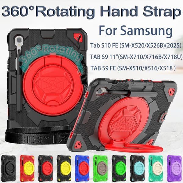 For Samsung Galaxy Tab S10FE S9 S9FE 11 inch Case 360 Rotating Stand Handle Grip Multiple Protect Cover Kids Safe Shockproof Cases with SCreen PET Film+Shoulder Strap