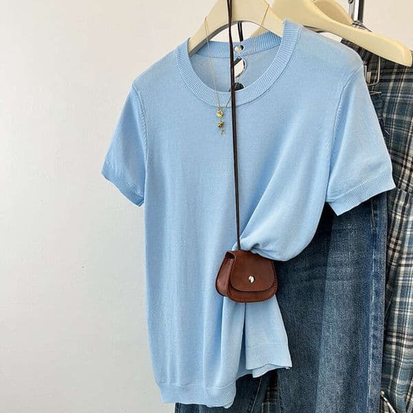 Off-Shoulder Milk Blue Ice Silk Knit Short Sleeve T-Shirt For Women Summer New Design Thin Hollow Out Top B5