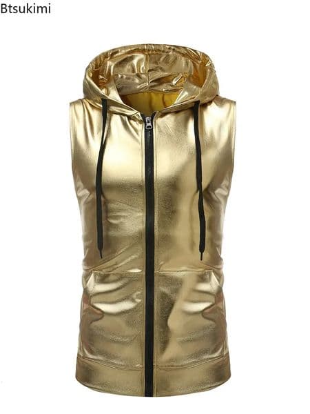 Shiny Gold Coated Metallic Tank Top Men Fashion Hip Hop Sleeveless Hoodie Nightclub Party Dance Zipper Tops Tee 250703