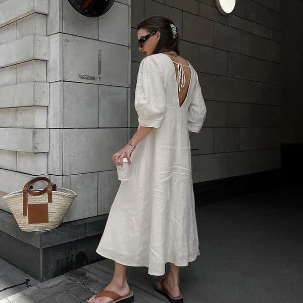 Retro Cotton Linen WomenS Summer Dress Sexy V-Neck Puff Sleeve Long Maxi Birthday Graduation Dresses Beach Sundress Robe Femmes 250702