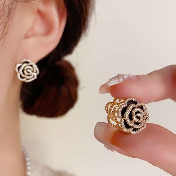 Elegant Camellia Earrings for Women, Double-Sided Floral Design, Fashionable Niche Ear Accessories H260131