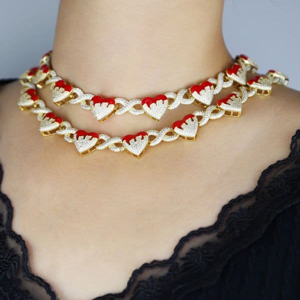 Hip Hop Red Oil Drip Heart Shape Cuban Chain Necklace 5A Zircon Gold Plated Jewelry