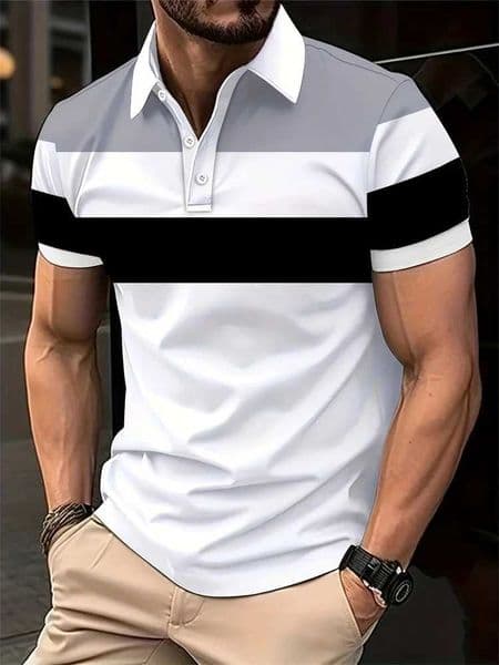 Mens Casual Polo Shirt Fashion Stitching Line Design Slight Stretch Comfortable Fabric Plus Size Mens Lapel Short Sleeves Top W250704
