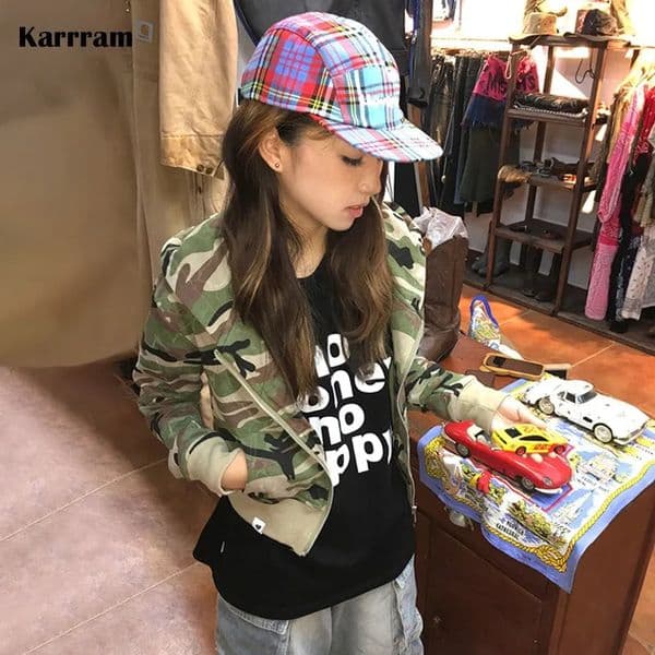 Karrram Japanese Y2k Cropped Jacket Vintage Harajuku Short Coat 2000s Korean Fashion Camouflage Zipper Hooded Sweatshirt Grunge 250624BJ