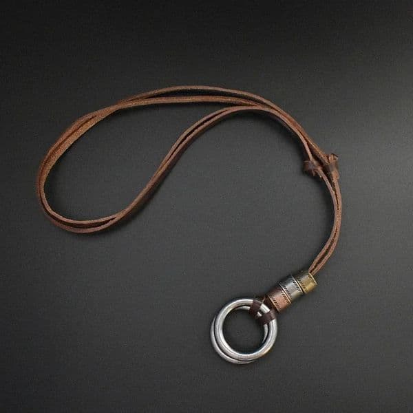 Boho Vintage Men Necklace Adjustable Genuine Leather Cord Necklace Double Circle Pendant Long Necklace Gift Handmade Jewelry 250630