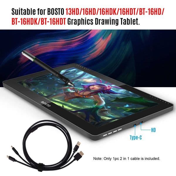 BOSTO 2-in-1 Cable for BOSTO 13HD/16HD/16HDK/16HDT/BT-16HD/BT-16HDK/BT-16HDT Graphics Drawing Tablet Monitor X250704
