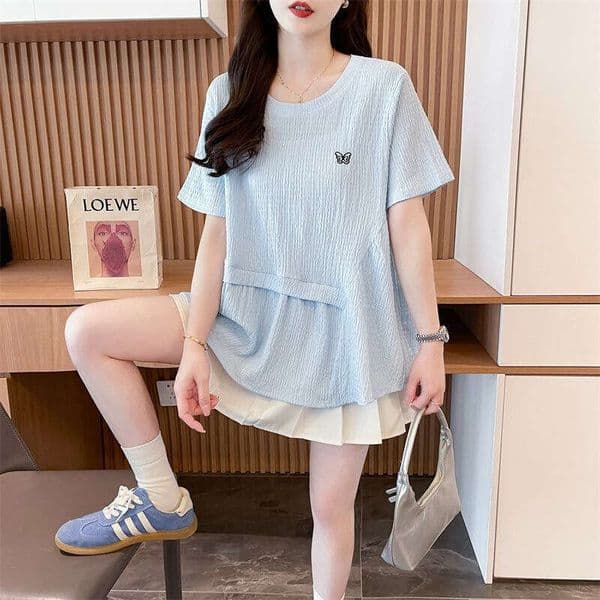 Korean Style Design Large Size Loose Round Neck Short Sleeve T-Shirt For Women Summer New Casual Ruched Slimming Belly Covering Top B5