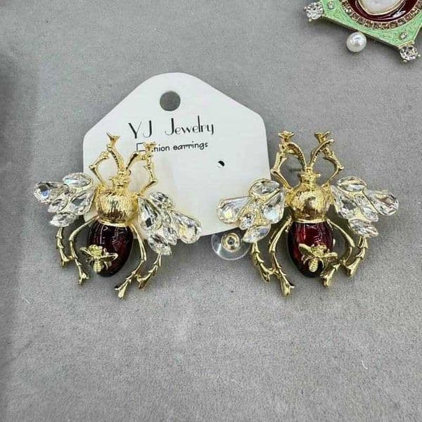 Designer Luxury Vintage Bee Crystal Enamel Drop Earrings Gold Plated Statement Jewelry