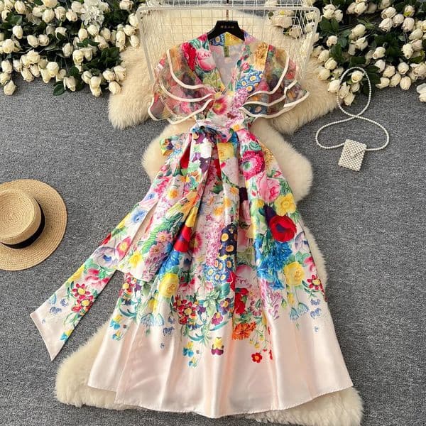 Summer Bohemian Gorgeous Flower Long Dress Women V-Neck Layer Mesh Sleeve Floral Print Bandage Lace Up Robe Vestidos Clothes 250704
