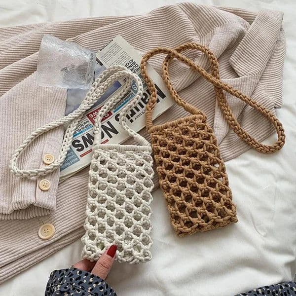 Women Fashion Small Crossbody Phone Bag Solid Color Hollowout Woven Crochet Lightweight Braided Shoulder Handbag Bags 250703