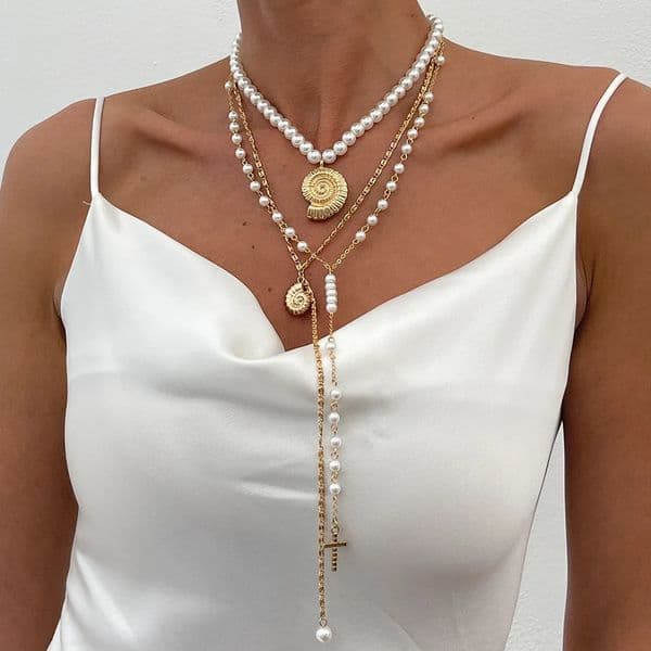 Ingemark 3Pcs/Set Boho Metal Conch Cross Pendant Choker Necklace for Women Bridal Elegant Pearl Chain Y2K Jewelry 250701