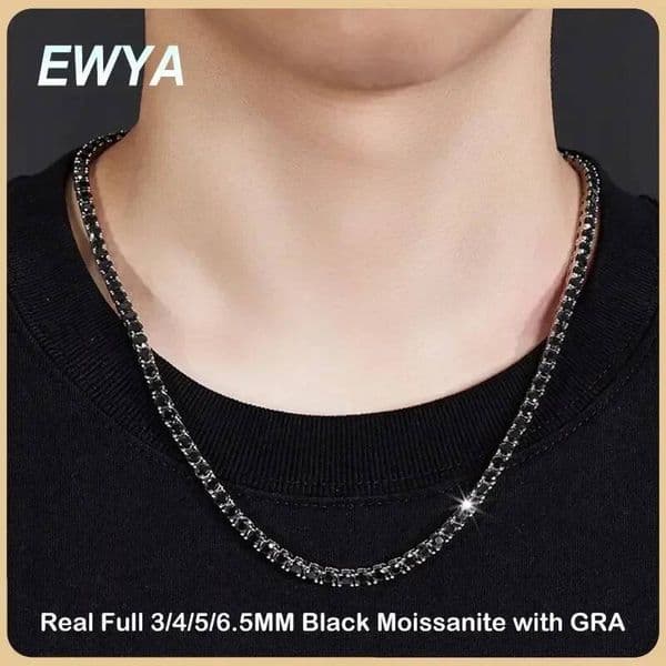 EWYA GRA Certified Real 3/4/5/6.5MM Full Black Moissanite Tennis Necklace for Women Men Unisex S Sier Neck Chain Necklaces