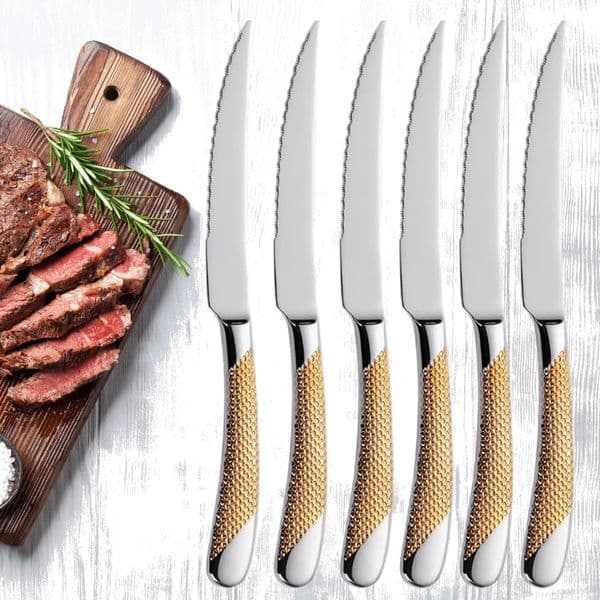 9 Ultra-Sharp 2 in 1 Glossy Steak Knife Dinner Knife Set With Gold Plated Hammered Handle Table Knife Cutlery Dishwasher Safe 250703