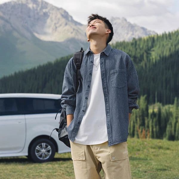 Spring And Autumn Trendy Brand Washed Striped Denim Long Sleeve Shirt For Men Japanese Style Casual City Boy Designer Short Sleeves Blue Shirt Jacket