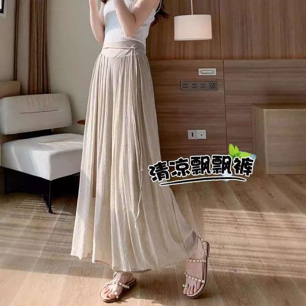 For Women Summer Thin Waist-Cinching Flowy Pleated High-Waist Slimming Cool Wide-Leg Zen Style Skirt Pants B5