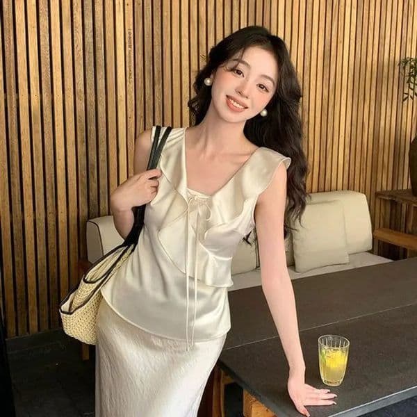 Women Clothing Summer Fashion Korean Drawstring Simplicity Elegant Temperament Satin Female Appearance Thin Ruffles Sleeveless Tops 250704