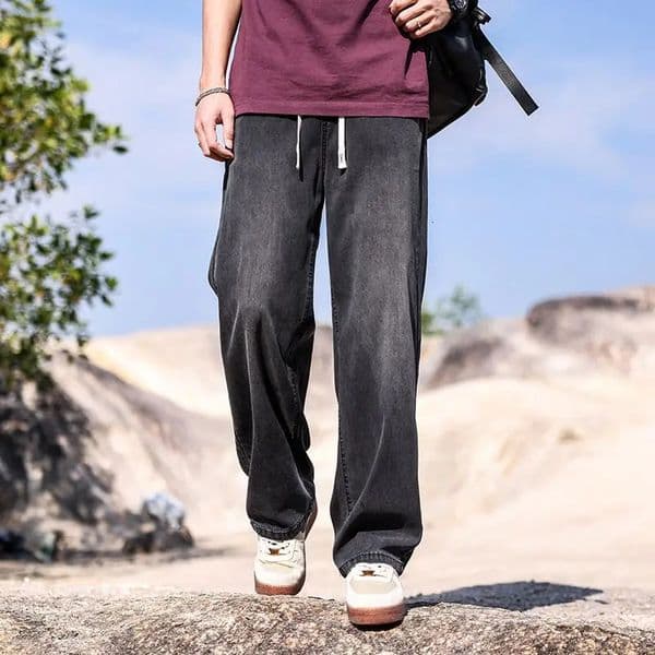 Soft Lyocell Thin Drawstring Jeans Mens Korean Casual Fashion Straight Trousers Male Streetwear Loose Denim Pants Baggy Jeans 250704