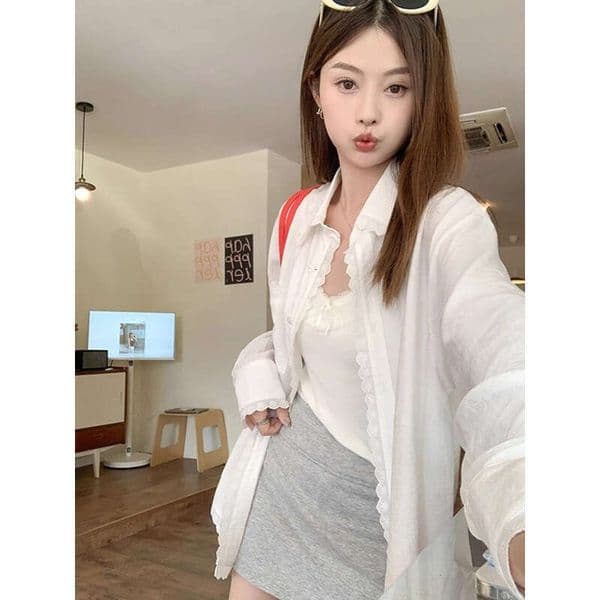 French Lace Trim Sun Protection Long Sleeve Shirt For Women, Summer Thin Loose Casual Elegant Niche Shirt, Ins Trend B5