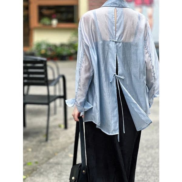 Sky Blue Chinese Button Back Split Lace Sunscreen Shirt for Women Summer Light Thin Silk Top 250704BJ