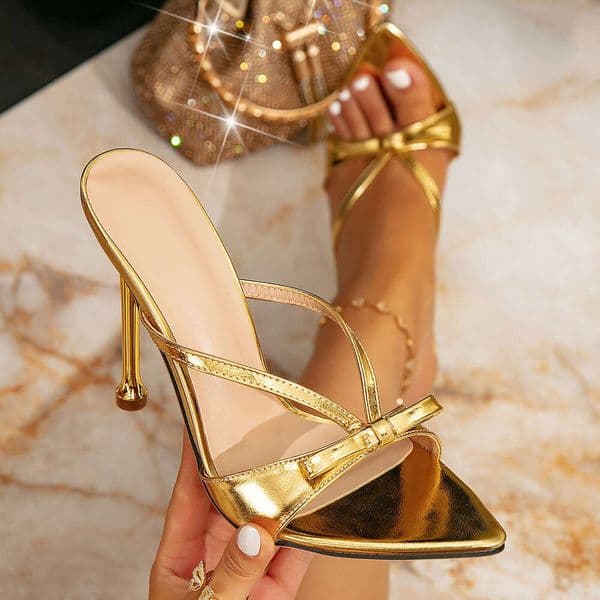 Gold Stiletto Slip-On Pointed Toe Sandals Simple New High Heel Women's Shoes