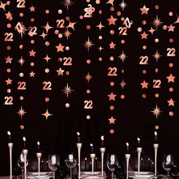 Rose Gold 22th Birthday Banner Decorations Number 22 Circle Dot Twinkle Star Garlands Hanging Backdrop for 22th Birthday Party