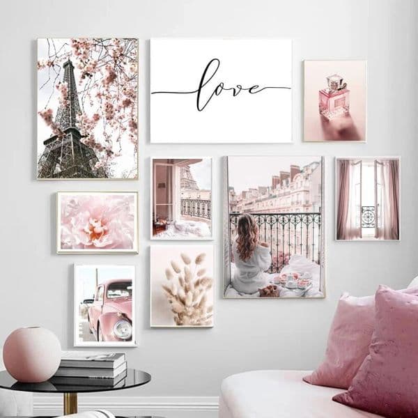Elegant Home Decor Fashion Pink Flower, Paris Eiffel Tower Poster, Canvas Wall Art Pictures, Ideal for Room Decoration