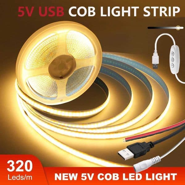 5V COB LED Strip Light With USB 2PIN Wire DC Plug 8MM 320LED High Density Flexible Tape 3000K 4000K 6000K Warm Natural White W250707