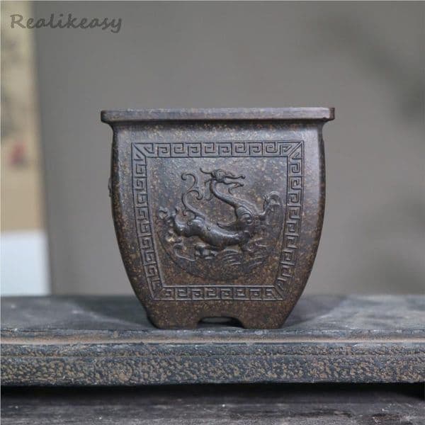 Yixing Purple Sand Flower Pot Chinese Style Home Square Bonsai Pot Ancient Office Desktop Decorative Succulent Flowerpot LE148