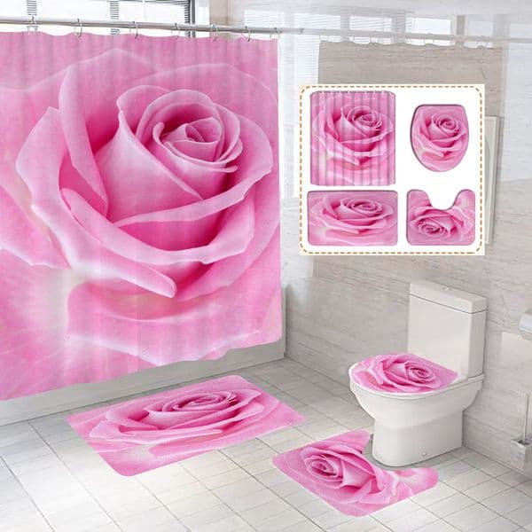 Pink Floral Rose Waterproof Shower Curtain Sets Toilet Seat Cover Non-Slip Bath Mat Rug Carpet Bathroom Decor Polyester Fabric