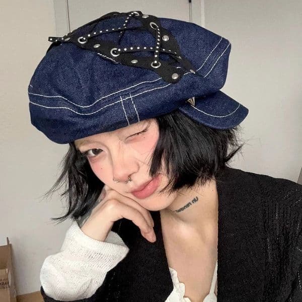 Spring and Summer Sweet Cool Babes Denim Flat Top Painter Hats for Women Retro Punk Style Niche Rivet n Berets Cap Y2k 250708