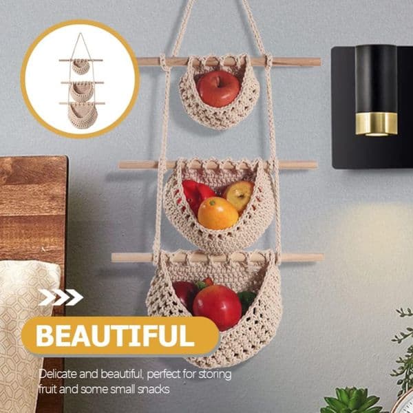 Handmade Woven Cotton Rope 3-Tier Fruit Basket Organizer for Kitchen, Decor Hanging Wall Basket for Organizing - Over the Door o
