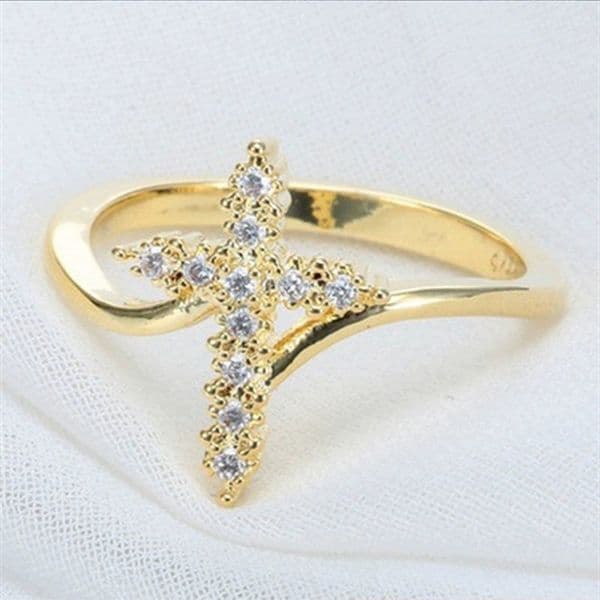 Exquisite Gold Plated Zircon Cross Ring Christ Jesus Wedding Ring Jewelry Engagement Jewelry Cocktail Ring Anniversary Gift