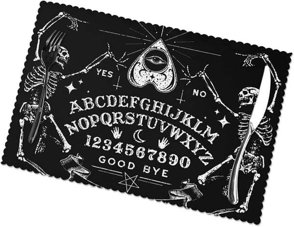 Ouija Board Placemats Halloween Table Mats Set of 6 Washable Heat Insulation Vintage Skeleton Black Place Mats Dining Room Decor