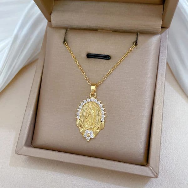 Stainless Steel Chain Religious Virgin Mary Zircon Flower Pendant Necklaces for Women Men Accessories Jewelry Gifts