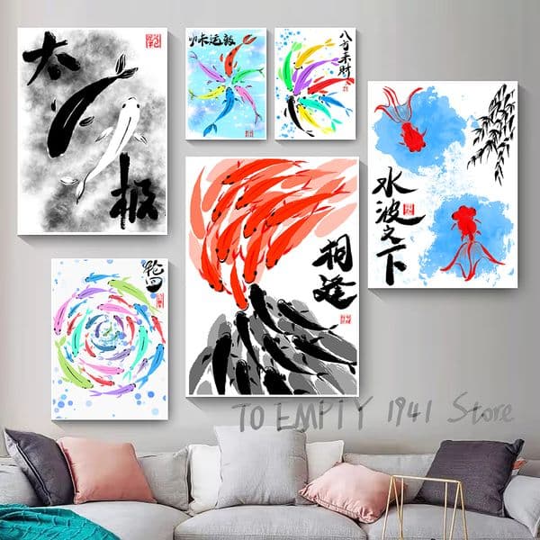 Modern Artwork Zen Illustration Koi Fish Prints Modern Wall Art Decor Zen Home Living Room Aesthetic Wall Decoration Canvas Art
