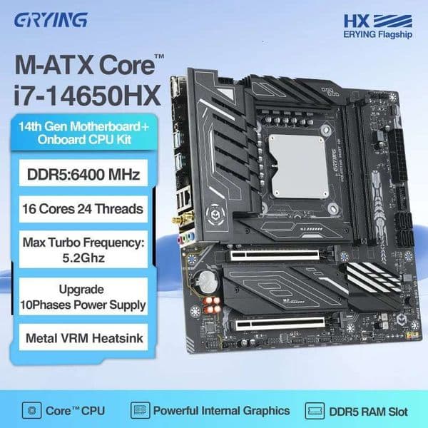 ERYING Motherboard and Processor kit i7 14650HX Interposer 16C24T DDR5 Memoria RAM SATA/NVME M.2 Upgrade PC Completo Placa Madre