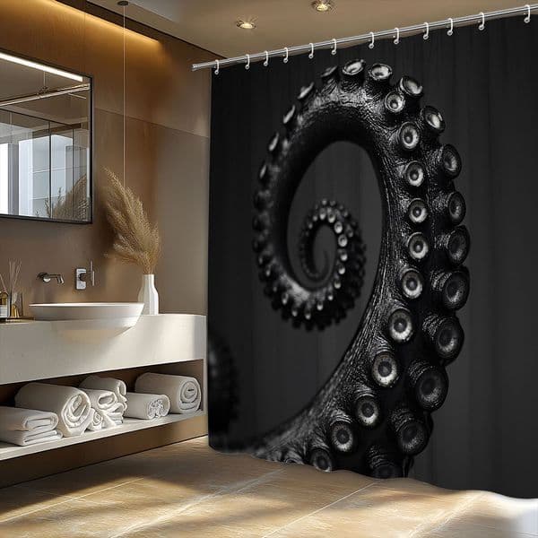 Black octopus tentacle shower curtain dark gradient, with 12 hooks, machine washable, octopus bathtub decorative shower curtain