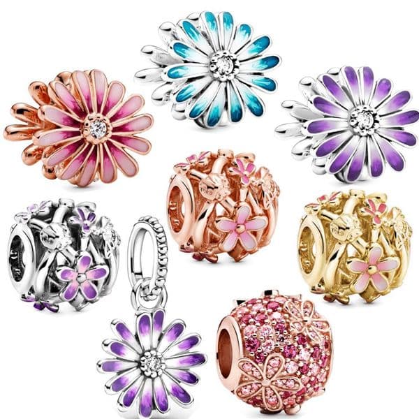 Openwork Pink Purple Golden Blue Daisy Flower Charm Bead Fit Original European Silver 925 Bracelet Necklace DIY Women Jewelry