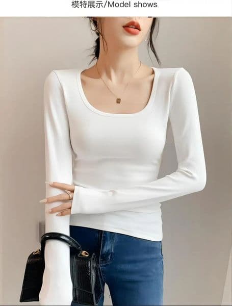 Bottom coat women wear Uneck long sleeve Tshirt slim knit white top 250709