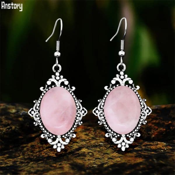 Vintage Flower Pendant Natural Unakite Quartz Women Earrings Antique Silver Plated Natural Stone Stainless Steel Hook Earring