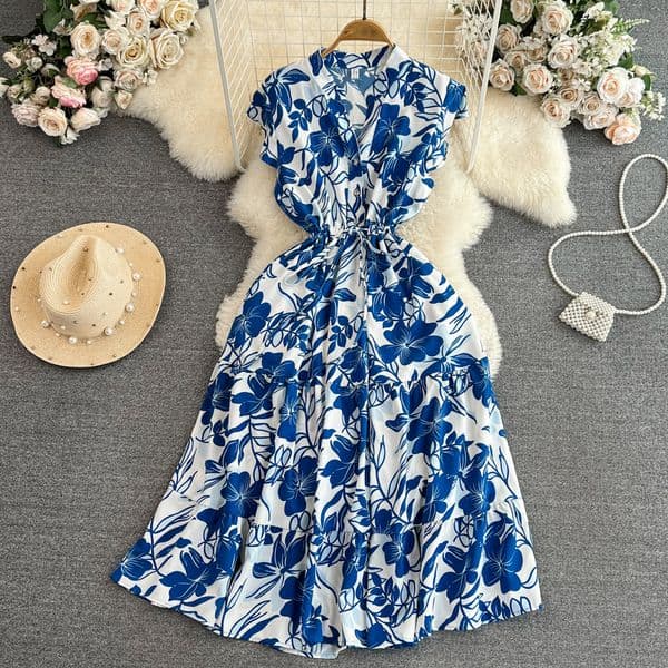 French ruffle edge one shoulder bubble short sleeved dress for women's summer new collection waist cinching and slimming printed large swing long skirt