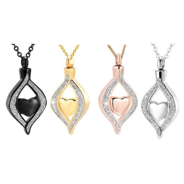 Crystal Teardrop Heart Shaped Urn Pendant Memorial Necklace Stainless Steel Cremation Jewelry for Women Keepsake Ash Locket