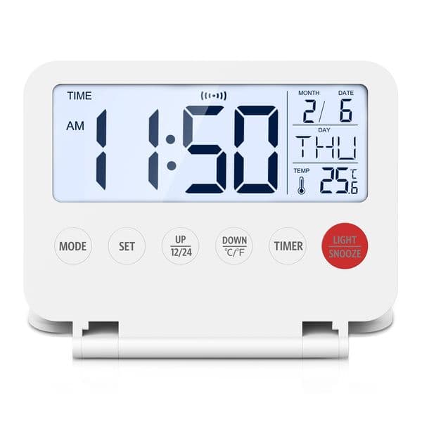ORIA Digital Alarm Clock with Calendar Temperature Timer Foldable LCD Clock Battery Operated Desk Clock for Travel Home Office