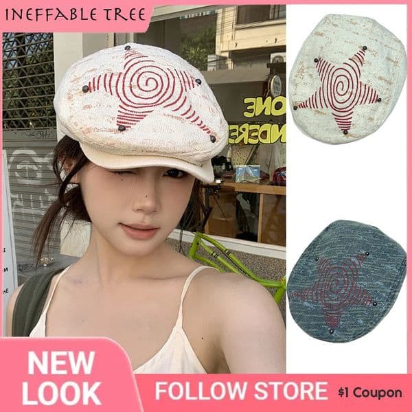 Japanese Department of Harajuku Retro Graffiti Stars Forward Hat for Women Versatile Y2K Pentagram Painter Beret Cap Boina Gorro 250708