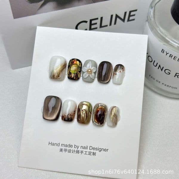 New Gilded Years Handmade Wearing Nail Hand Painting Advanced Amber Cat Eye 3D Carved Nail Slices Nail Patch Gift Kit Reusable Fashionable Daily Operation Simple