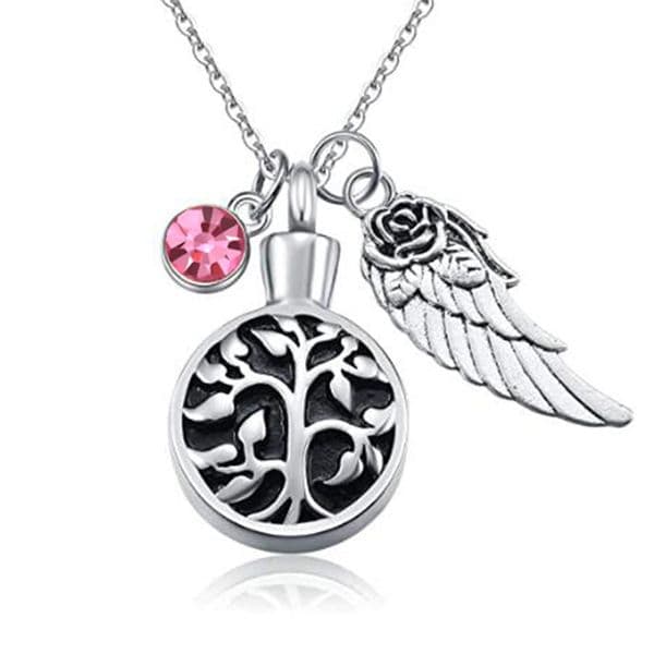 Unisex Stainless Memorial Cremation Ash Holder Urn Necklace for Ashes Life Tree Pendant with Angel Wing and Birthstone Charm