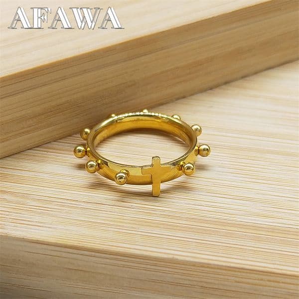 Christian Christ Jesus Cross Ring Stainless Steel Gold Color Lord Prayer Catholic Rosary Church Rings Jewelry anillo RRR41S02